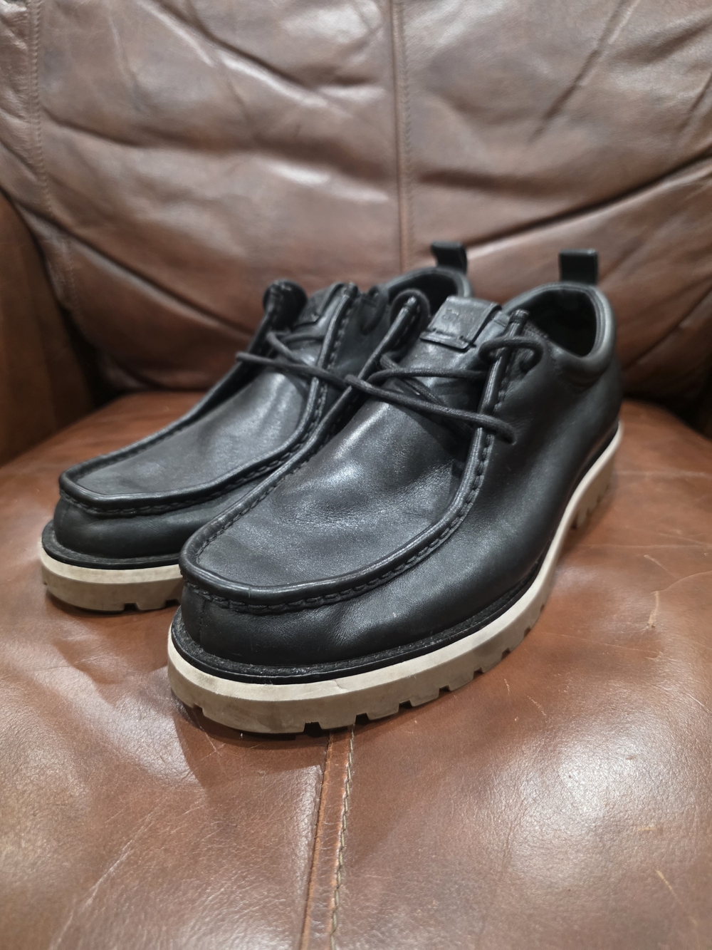 Coach Men's Black Leather Lug-Sole Boots with Cream Contrast Sole
